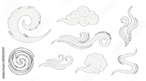 Varied designs of clouds and wind patterns shown in a simple style suitable for graphics or illustrations