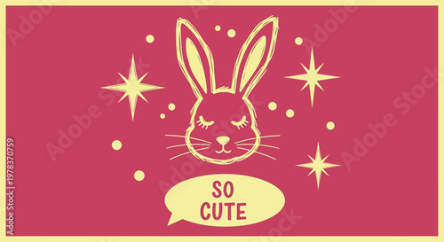 A whimsical illustration of a cute rabbit face surrounded by stars and dots on a red background with a speech bubble.