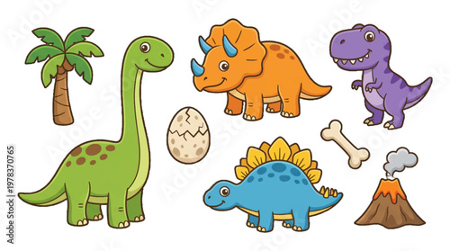 Dinosaurs and prehistoric scenes with trees, a volcano, and dinosaur eggs in a playful setting