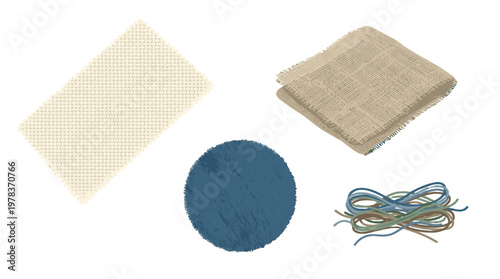 Different types of fabrics and yarns laid out on a white background showing texture and color patterns in a crafting setup