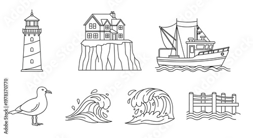 A serene coastal scene with a lighthouse standing tall beside a house on a cliff, a ship sailing in the distance, a seagull, waves crashing, and a fence, all illustrated.