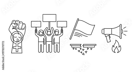 People protesting with signs and a flag while a voice is amplified through a megaphone