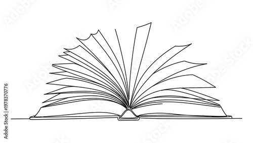 An open book with pages fanned out. Continuous line style. Hand drawn. Line art. Vector design. illustration