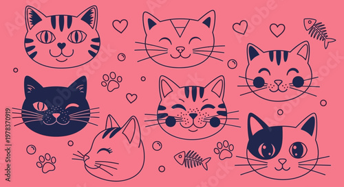 The illustration depicts six cats and various cat related items on pink background