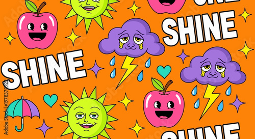 Vibrant cartoon illustrations of smiling sun, cloud, and apple with Shine text on orange background