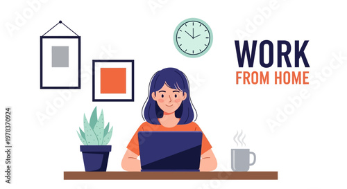 A woman works from home on her laptop surrounded by office supplies and plants