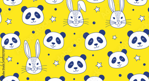 A vibrant yellow pattern features adorable animal faces including rabbits and pandas with stars and dots.