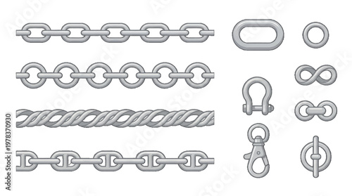 Different types of metal chains and connectors shown in a flat layout with various designs for practical uses in different applications