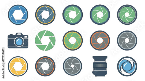 Camera and lens icons arranged in a grid showing different aperture shapes and styles in a simple design