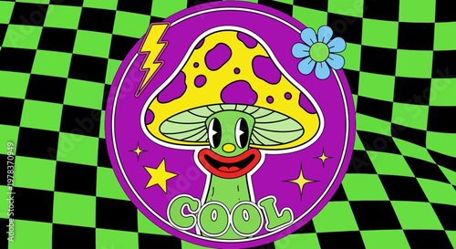 A psychedelic illustration of a smiling mushroom character on a purple circle with a green and black checkered background