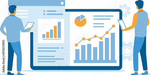 Two professionals analyzing data visualizations on a large tablet screen