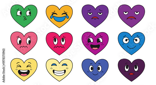 Colorful heart-shaped emojis display various emotions in a grid