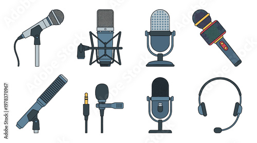 Different types of microphones and audio equipment displayed in a grid format on a plain background