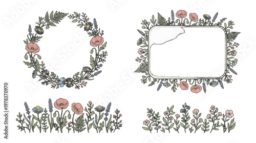 Floral design elements featuring poppies, daisies, and ferns for creative projects and crafts