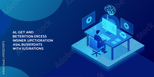 Isometric illustration of a person working with ai and digital interfaces