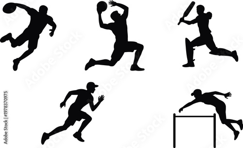 Dynamic silhouettes of athletes in action featuring discus throw, basketball jump, cricket swing, running sprint, and hurdle leap illustration