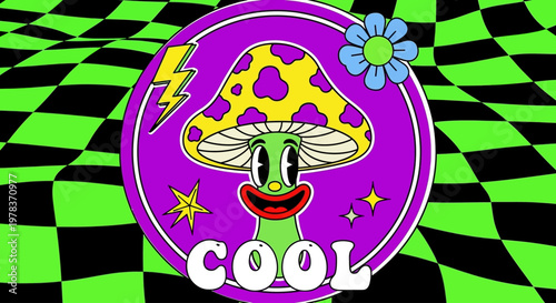 Vibrant psychedelic mushroom character appears on a checkerboard background.