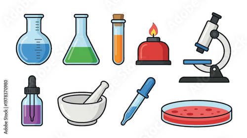 Laboratory equipment including beakers, test tubes, a Bunsen burner, and a microscope for science experiments and research activities
