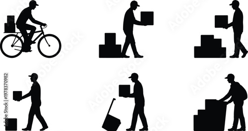 Delivery worker silhouettes with packages, bicycles, hand trucks, and backpacks showing logistics, courier service, parcel handling, and shipping industry illustration.