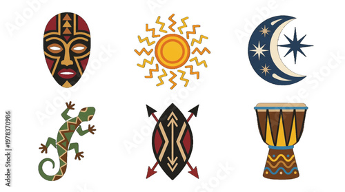 Bright symbols of culture with animals and elements seen in a graphic display by an artist highlighting diverse traditions