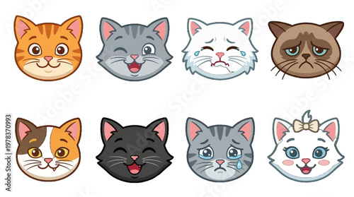 Cute cat faces showing different emotions in a colorful design with eight different characters on a white background