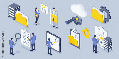Data management and cybersecurity illustrated with isometric figures and icons