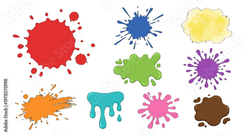 Different colors of paint splashes on white background for design projects and creative crafts involving art materials and techniques