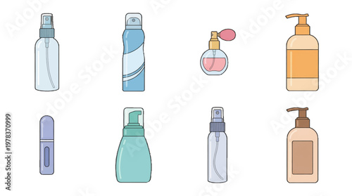 Different types of bottles and containers used for personal care products placed on a white background
