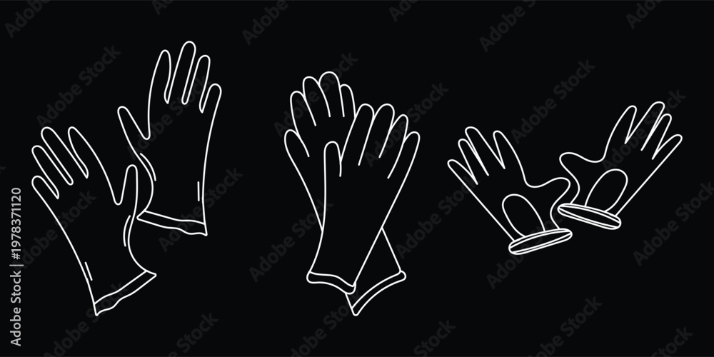 Obraz premium Gloves outline set on black background, protective safety gloves white line art collection, minimal cleaning gloves icon design