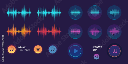 Abstract sound waves and musical interface elements on a dark background