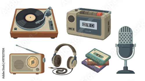 Music equipment and accessories from different eras displayed together in a simple arrangement