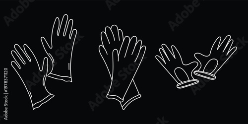 Gloves outline set on black background, protective safety gloves white line art collection, minimal cleaning gloves icon design
