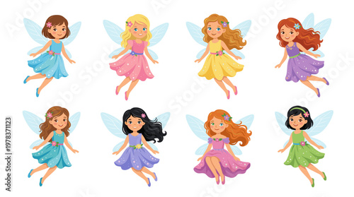 Fairy characters in colorful dresses flying together in a bright setting with cheerful expressions and different hairstyles