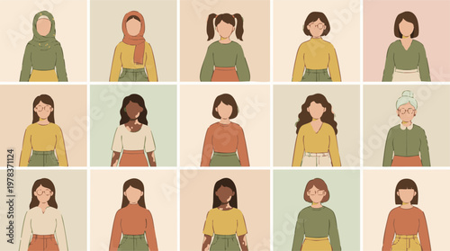 Diverse women of various ages, styles, and backgrounds, flat illustration