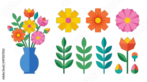 Colorful flowers and leaves in a simple design on a white background with various shapes and forms