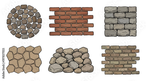 Different types of wall and floor patterns made from stones and bricks arranged in various designs for building and construction use