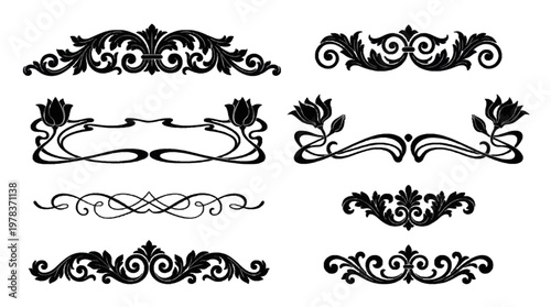 Ornate decorative elements with floral designs suitable for various artistic and graphic projects