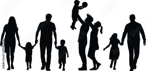 Family silhouettes walking, holding hands, playing with children, parenting, togetherness, love, bonding, lifestyle, social connection, vector illustration design
