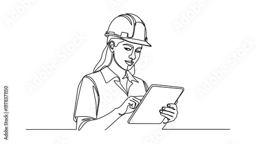 Female engineer working on a tablet. Continuous line style. Hand drawn. Line art. Vector design. illustration