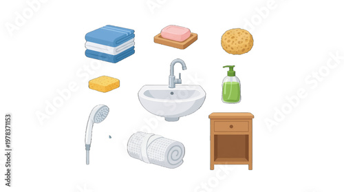 Various bathroom items on a white background include towels, soap, sponges, and a sink
