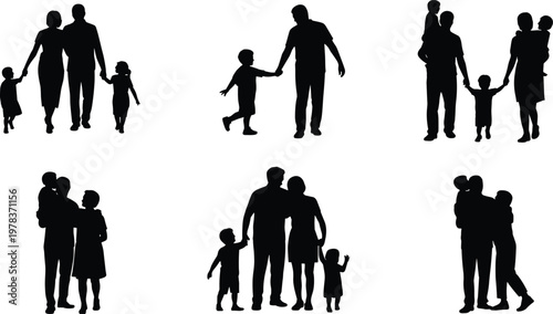 Family silhouettes of parents and children walking, holding hands, embracing, and interacting together representing love, care, parenting, and relationships illustration