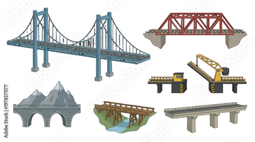 Different types of bridges and structures shown in simple designs for educational purposes