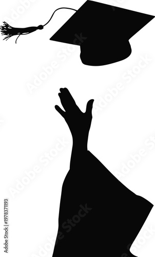 Graduation silhouette illustration showing hand reaching upward toward flying mortarboard cap symbolizing achievement success education ceremony celebration
