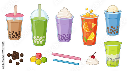 Different types of drinks displayed on a white background with various toppings and colors