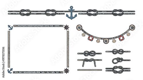 Nautical design elements featuring ropes, anchors, and lifebuoys arranged in various styles