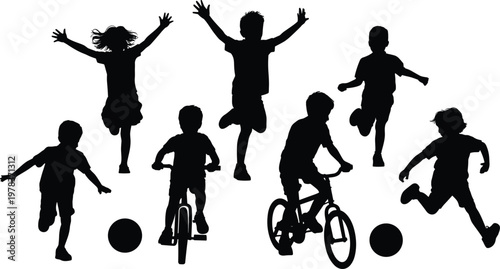 Playful silhouettes of children running, jumping, cycling, and playing ball games showcasing energetic childhood activity vector illustration design