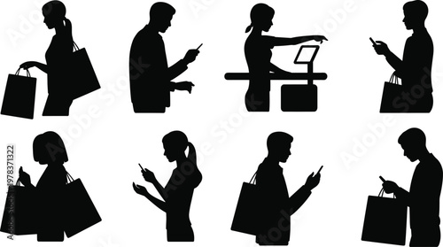 Shopping people silhouettes showing bags, smartphones, checkout interaction, modern consumer lifestyle, retail activity, and digital commerce illustration vector design