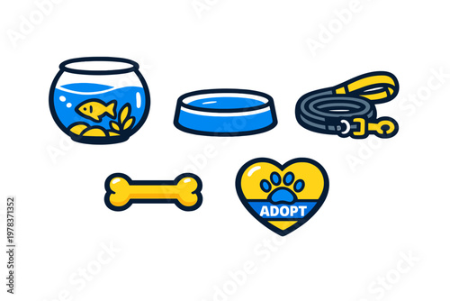 Various pet supplies for animal adoption events and care, including a fish bowl, food dish, bone, leash, and an adopt heart symbol