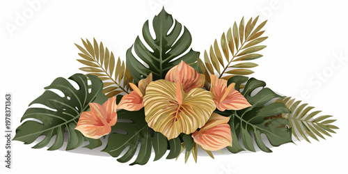 Tropical leaves and flowers arranged in a vibrant artistic bouquet