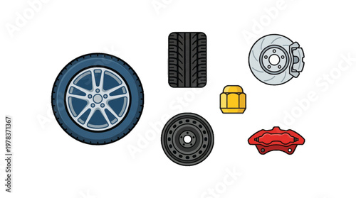 Different car parts are shown including a tire, brake rotor, and brake caliper for educational purposes about vehicle mechanics